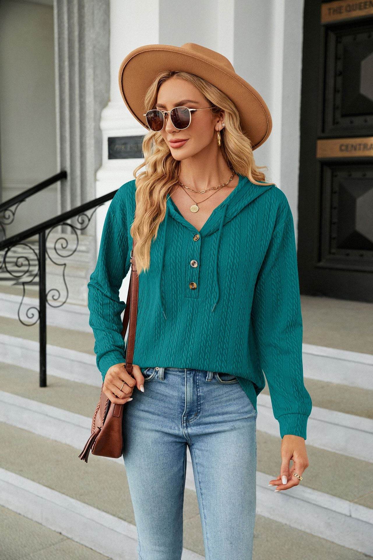 Button Hooded Sweatshirt Loose Long Sleeve Casual Tops