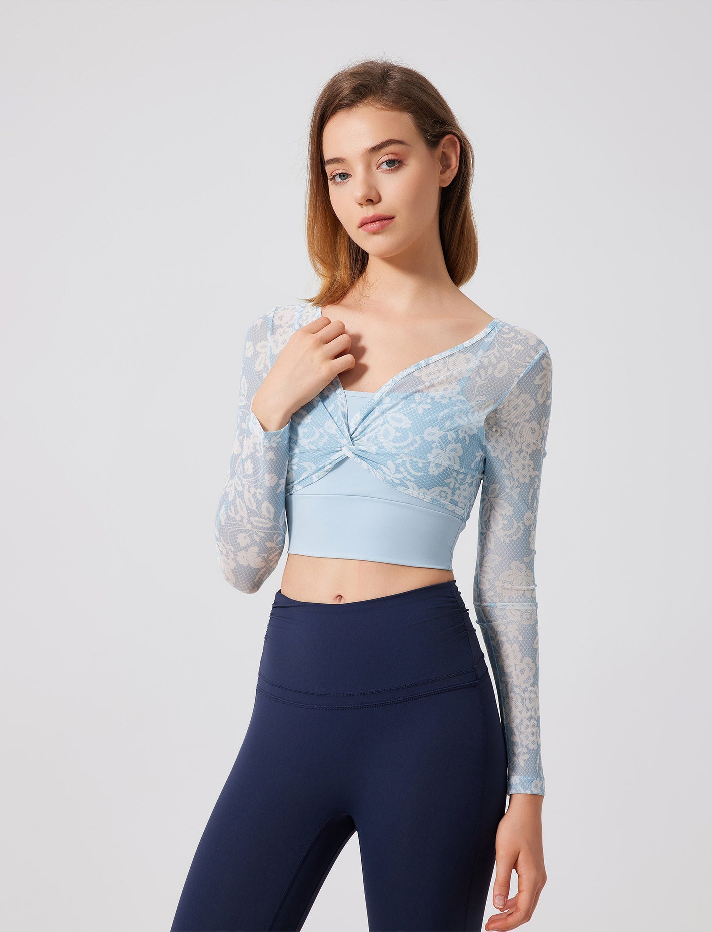 Floral Print Long Sleeve Workout Mesh T-Shirt