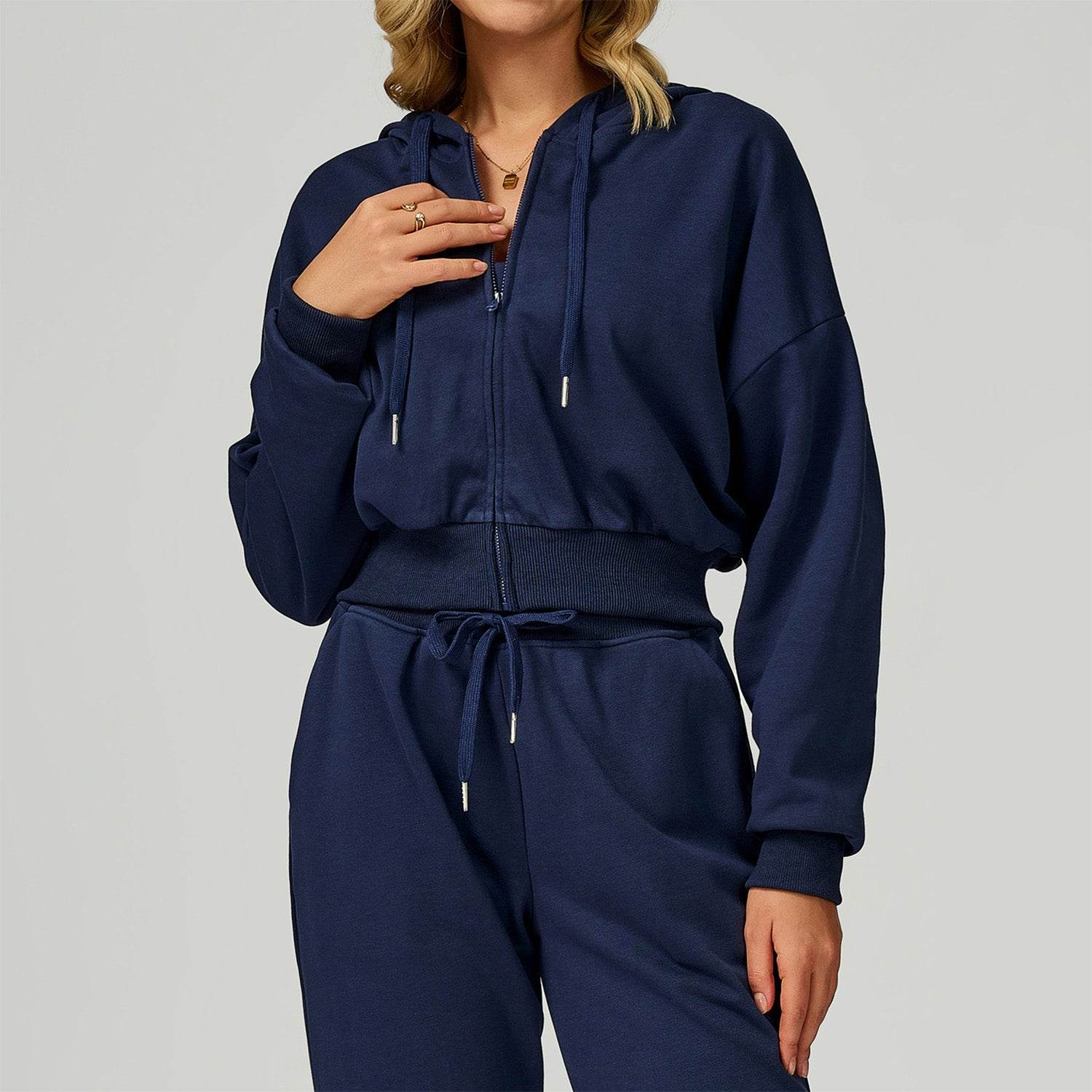 Long Sleeve Full Zip Up Crop Drawstring Hoodie Jacket
