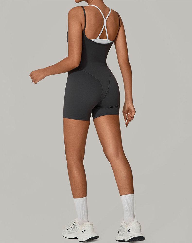 Fake Two Piece Short Bodysuit One Piece Athletic Jumpsuit