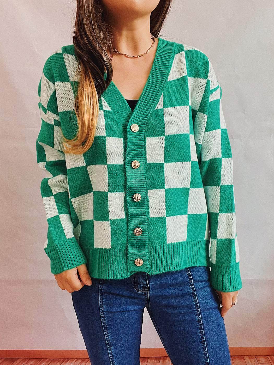 Plaid Color Block Cardigan Sweater