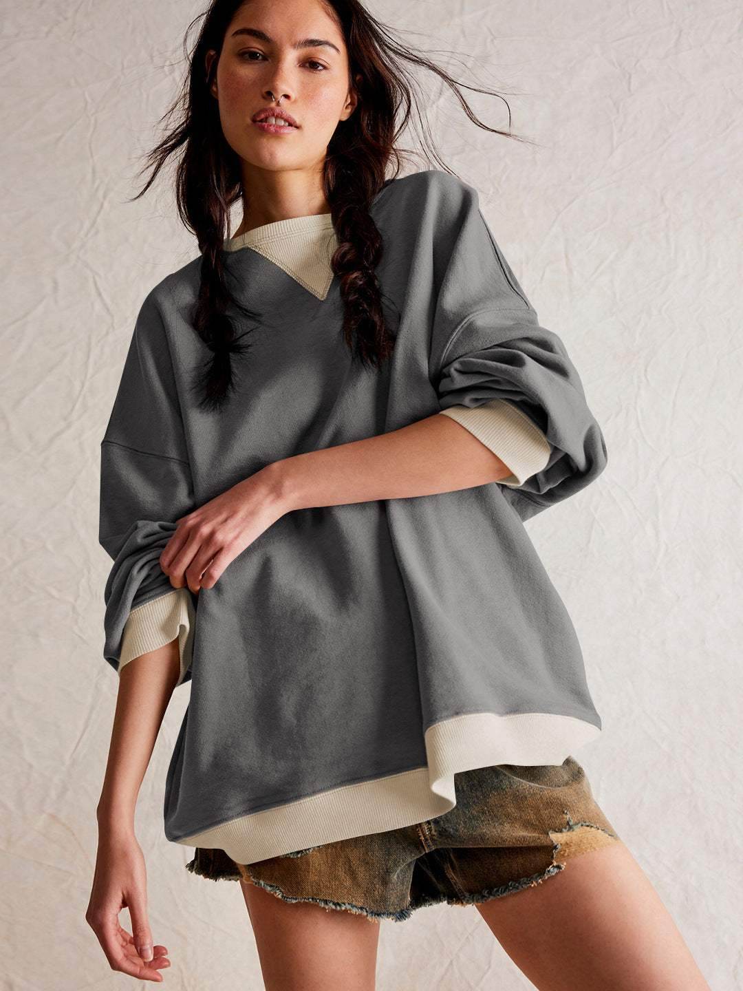Oversized Color Block Long Sleeve Sweatshirt