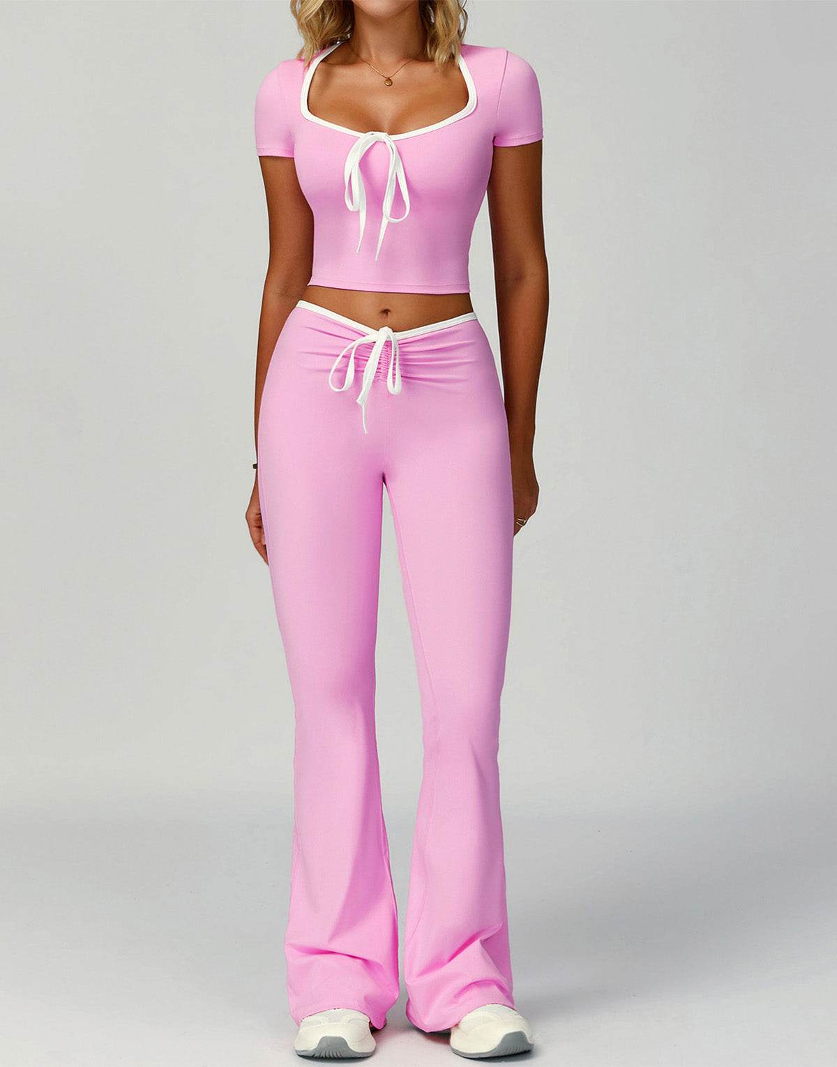 2 Pieces Activewear Set with Bow Crop Tops and Flare Pants