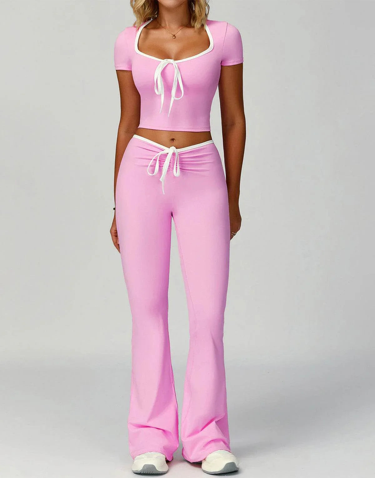 2 Pieces Activewear Set with Bow Crop Tops and Flare Pants -