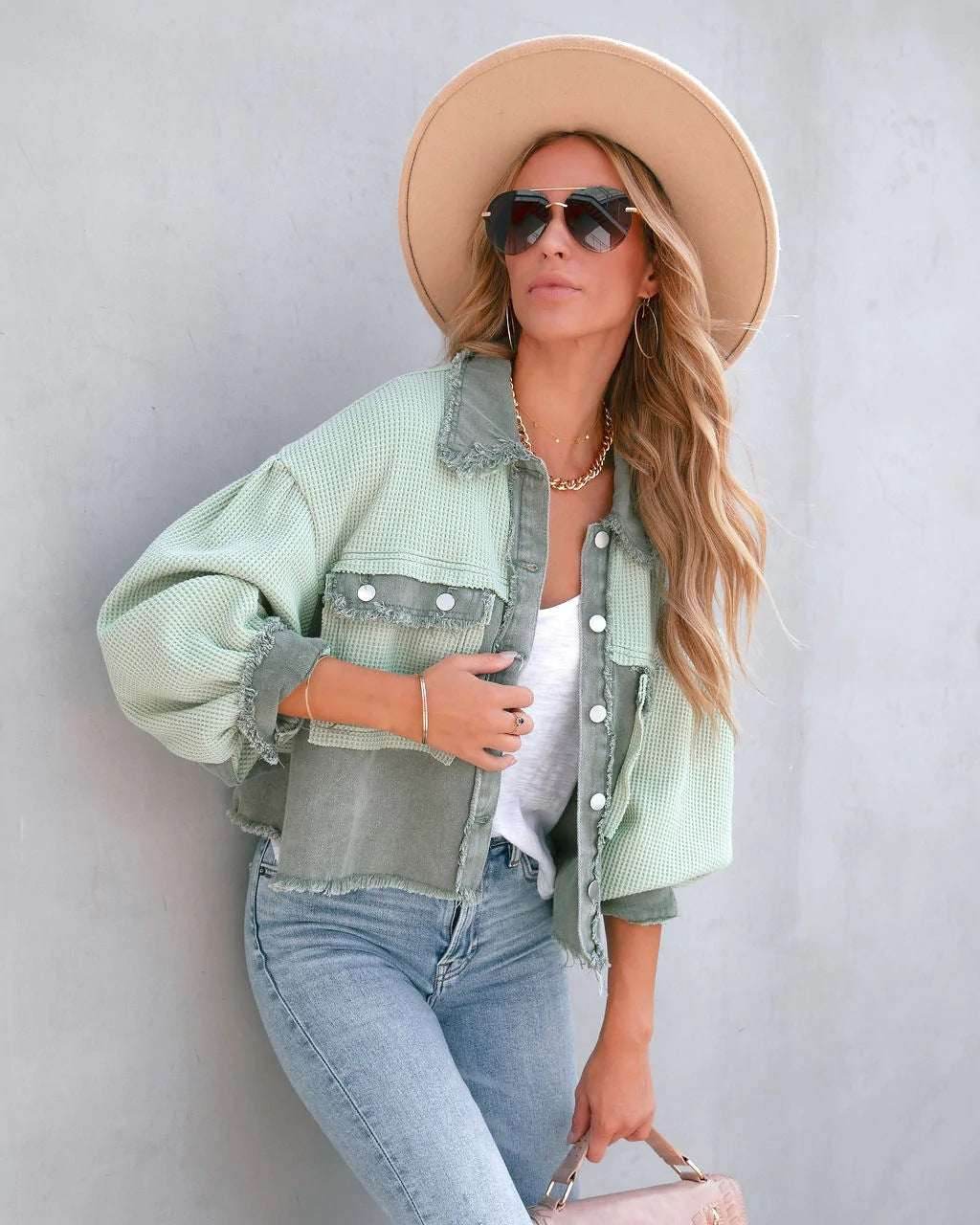 Denim Spliced Waffle Knit Cropped Jacket