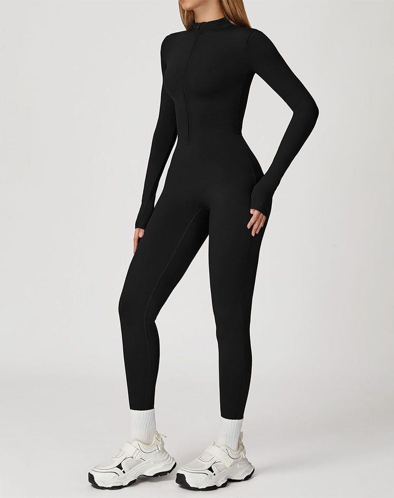 Long Sleeve Yoga Jumpsuit Zip Up Bodysuit with Chest Pads