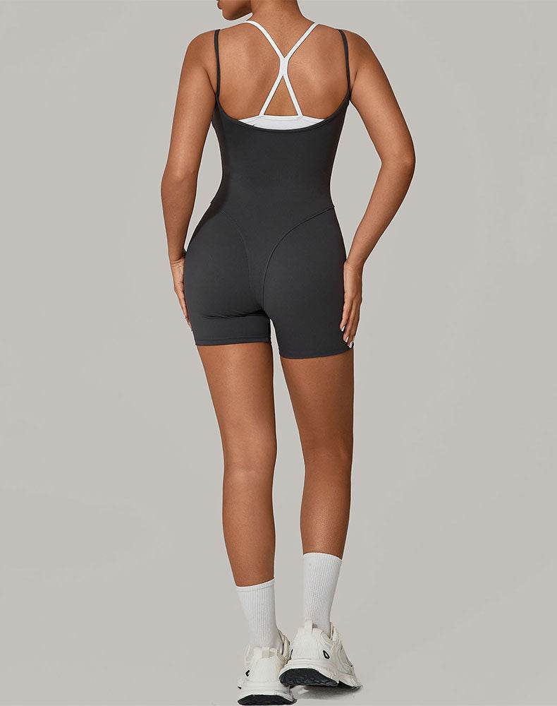 Fake Two Piece Short Bodysuit One Piece Athletic Jumpsuit