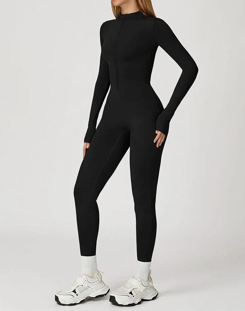 Long Sleeve Workout Jumpsuit Zip Up One Piece Bodysuit -