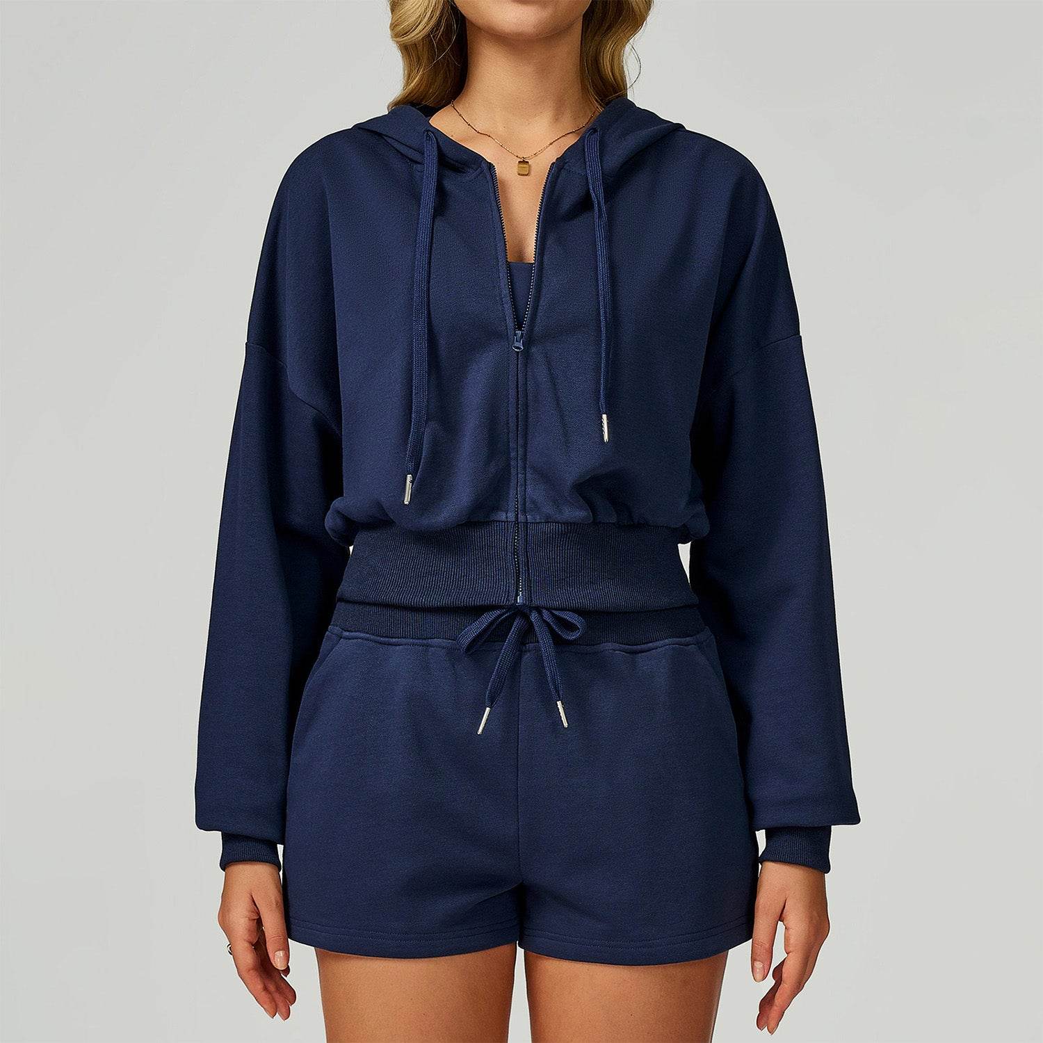 Long Sleeve Full Zip Up Crop Drawstring Hoodie Jacket