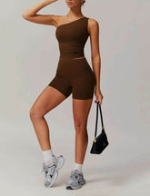 Solid Yoga Set with One Shoulder Tank Top and Short