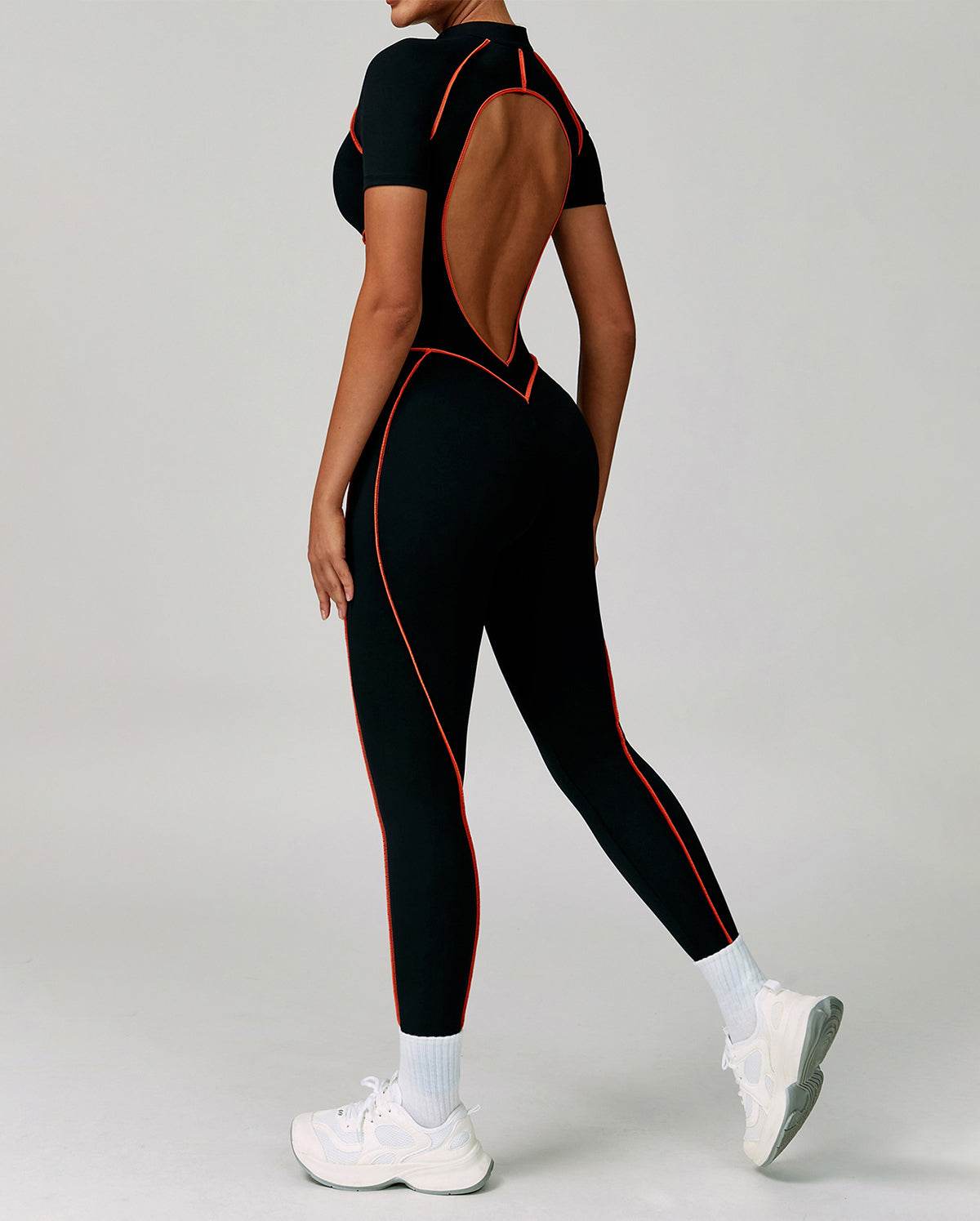 Three Dimensional Line Sports Backless Short Sleeve Jumpsuit