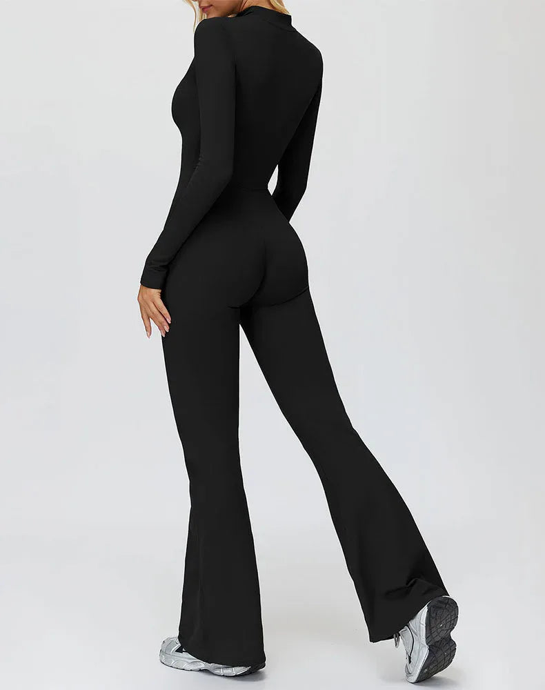 Long Sleeve Flare Workout Jumpsuit Zip Up Wide Leg Bodysuit -