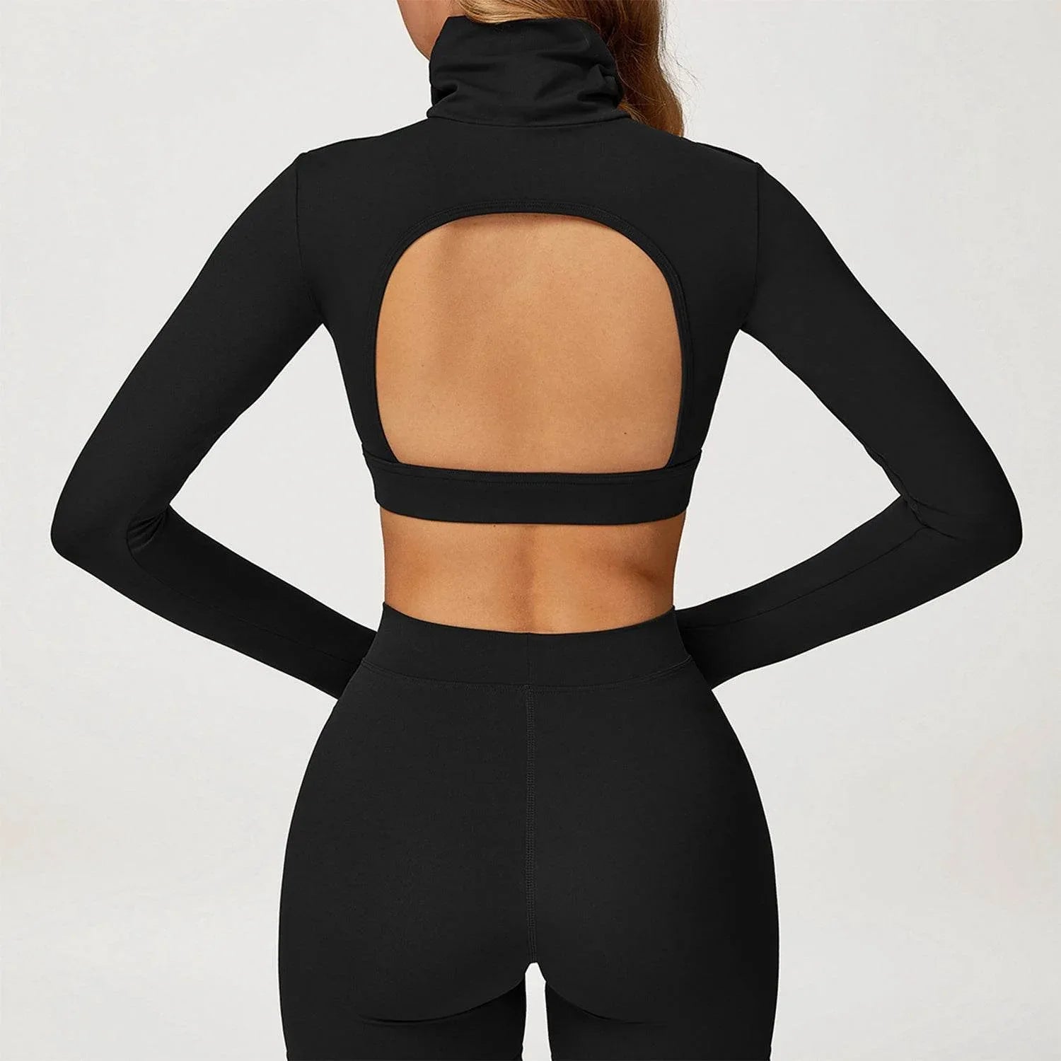 Backless Turtleneck Crop Top Long Sleeve Yoga T-Shirt -