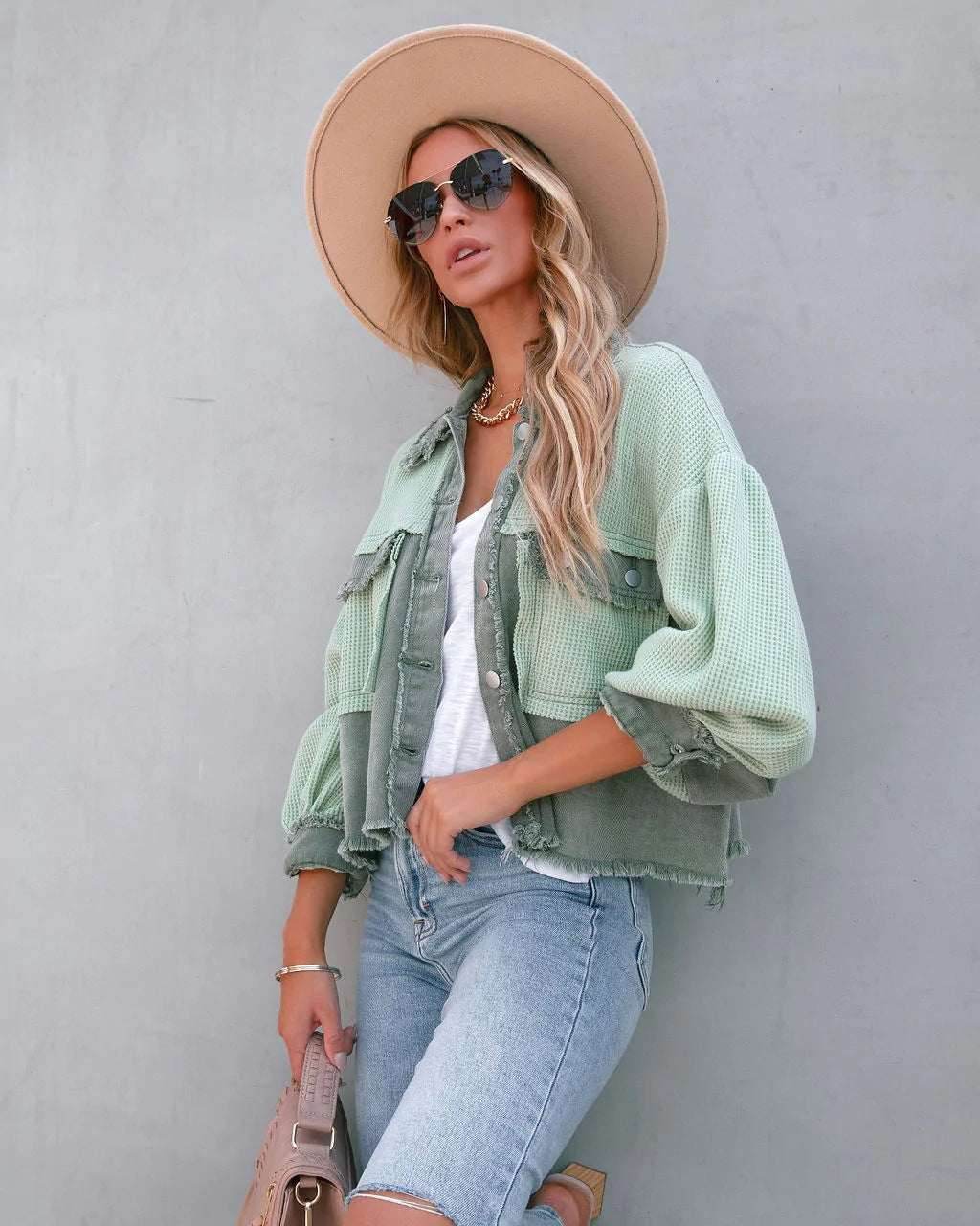 Denim Spliced Waffle Knit Cropped Jacket