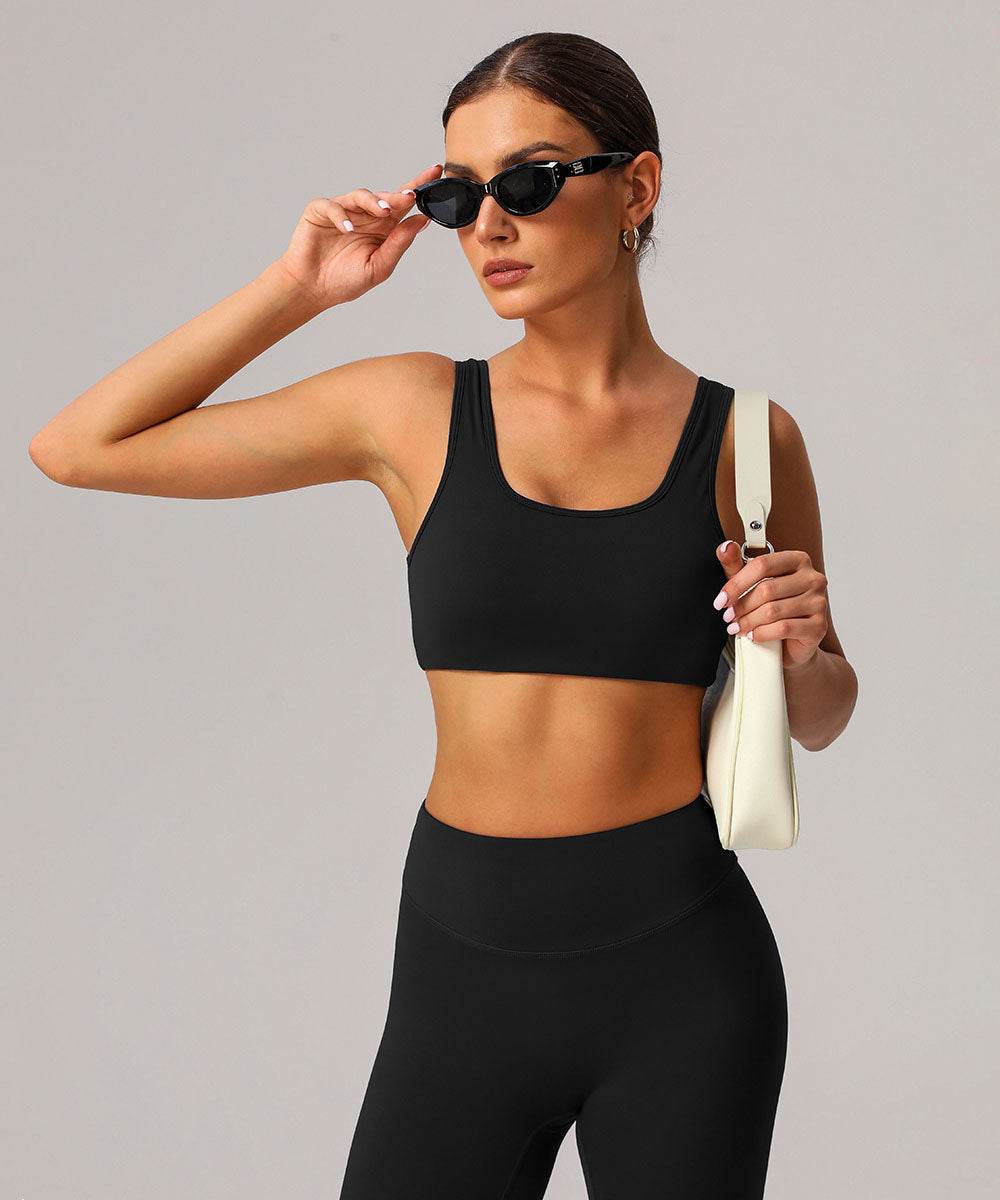 U Back Sports Bra with Built in Chest Pads - Black