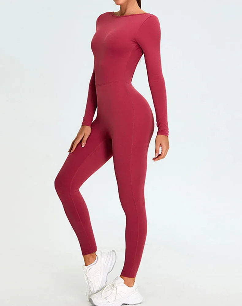 Long Sleeve Backless Workout Jumpsuit One Piece Bodysuit -