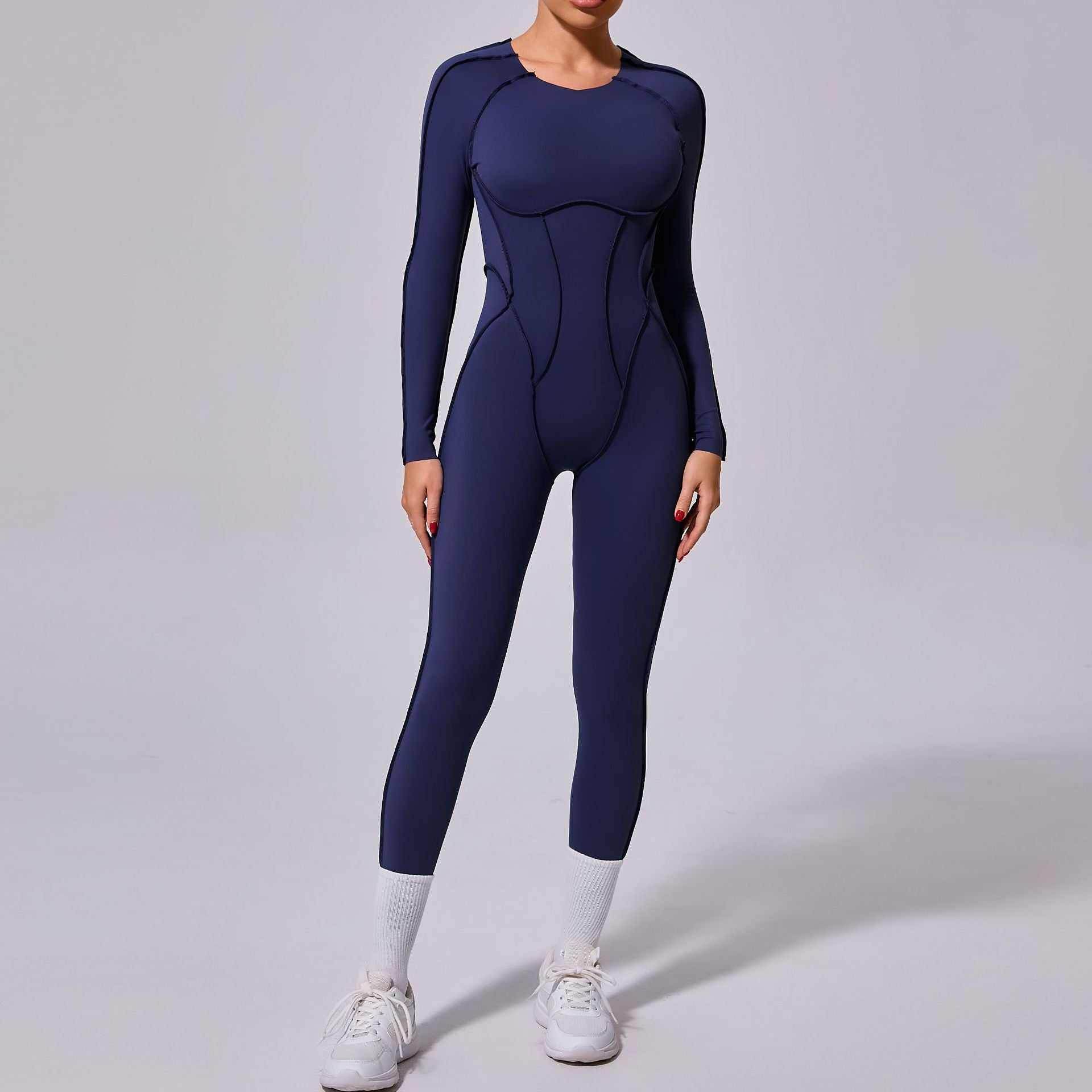 Long Sleeve Backless Yoga Jumpsuits - Navy Blue