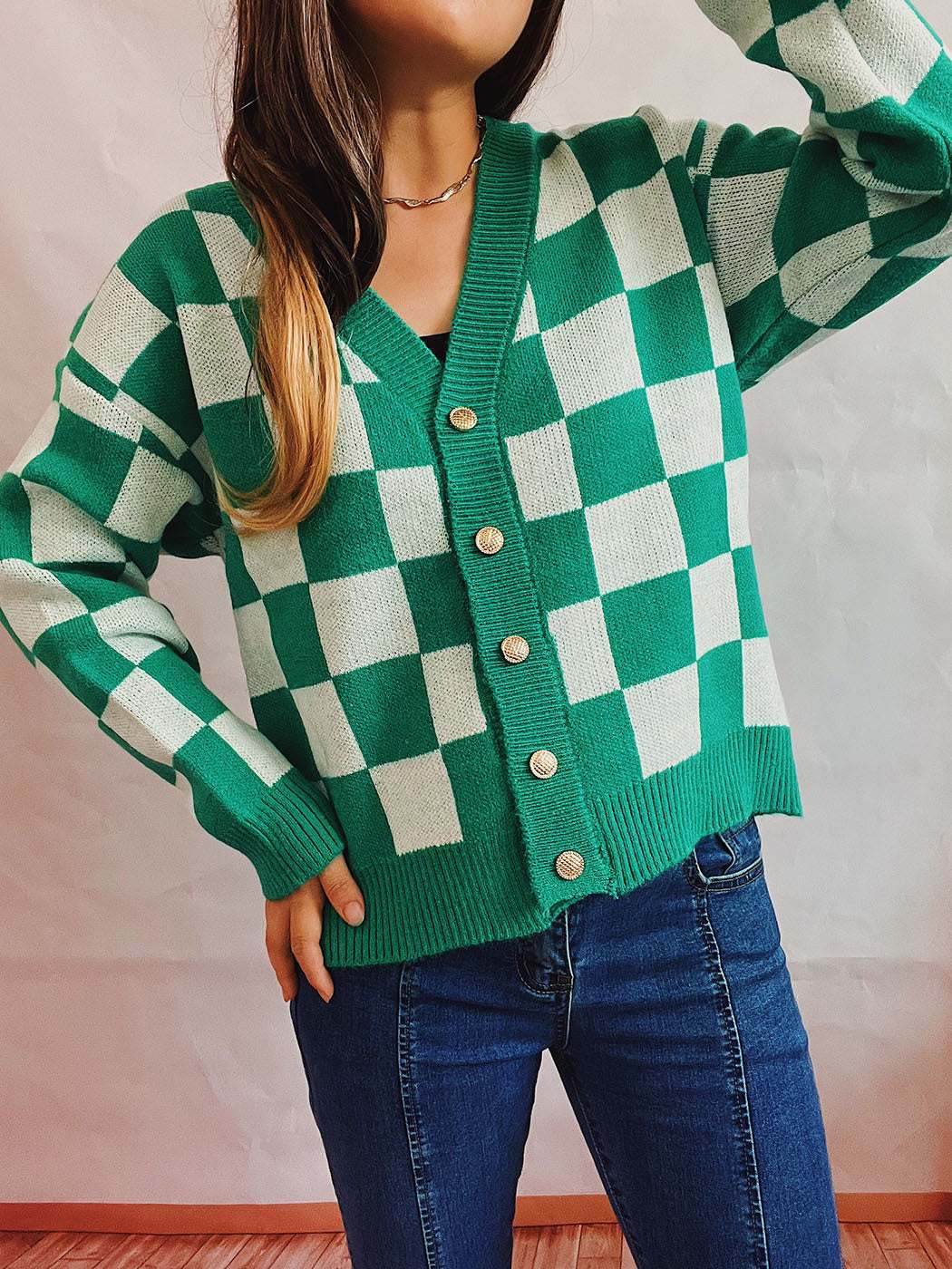 Plaid Color Block Cardigan Sweater