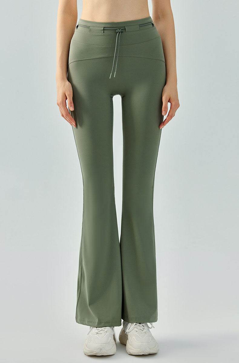 High Waist Athletic Flare Pants Yoga Trouser with Drawstring - Green