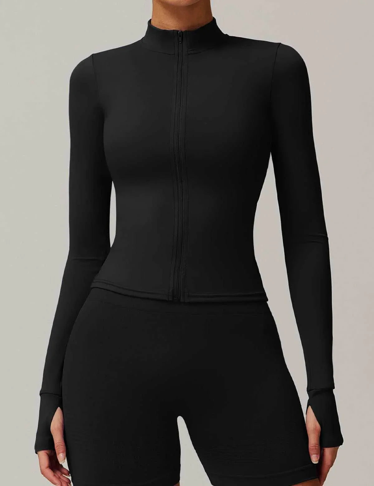 Long Sleeve Sports Jacket With Finger Sleeve - Black
