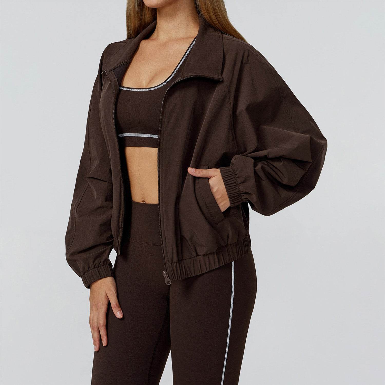 Full Zip Athletic Jacket Cropped Coats with Pockets
