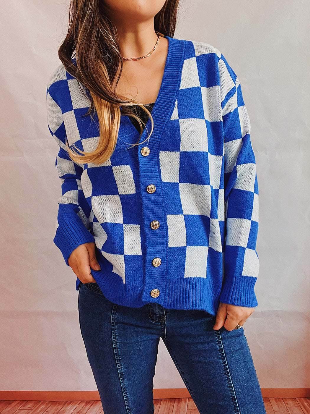 Plaid Color Block Cardigan Sweater