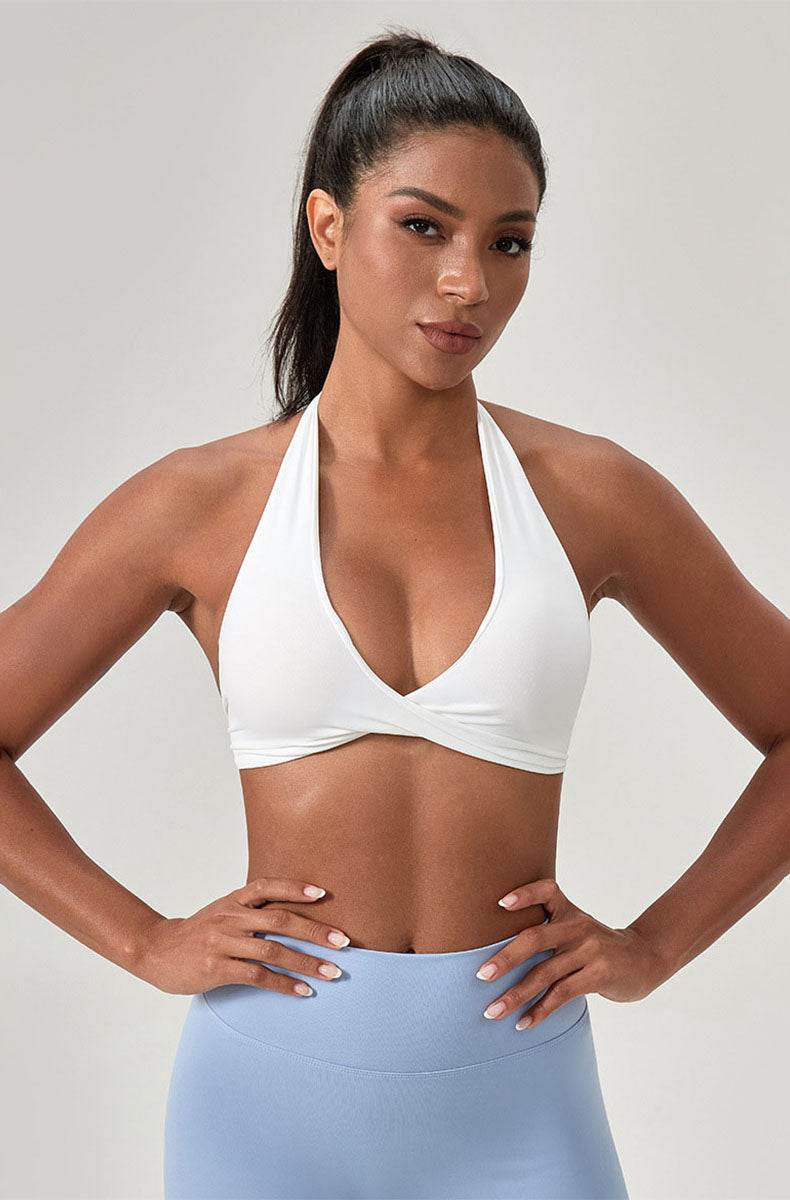 Twist Front Halter Straps Sports Bra - White