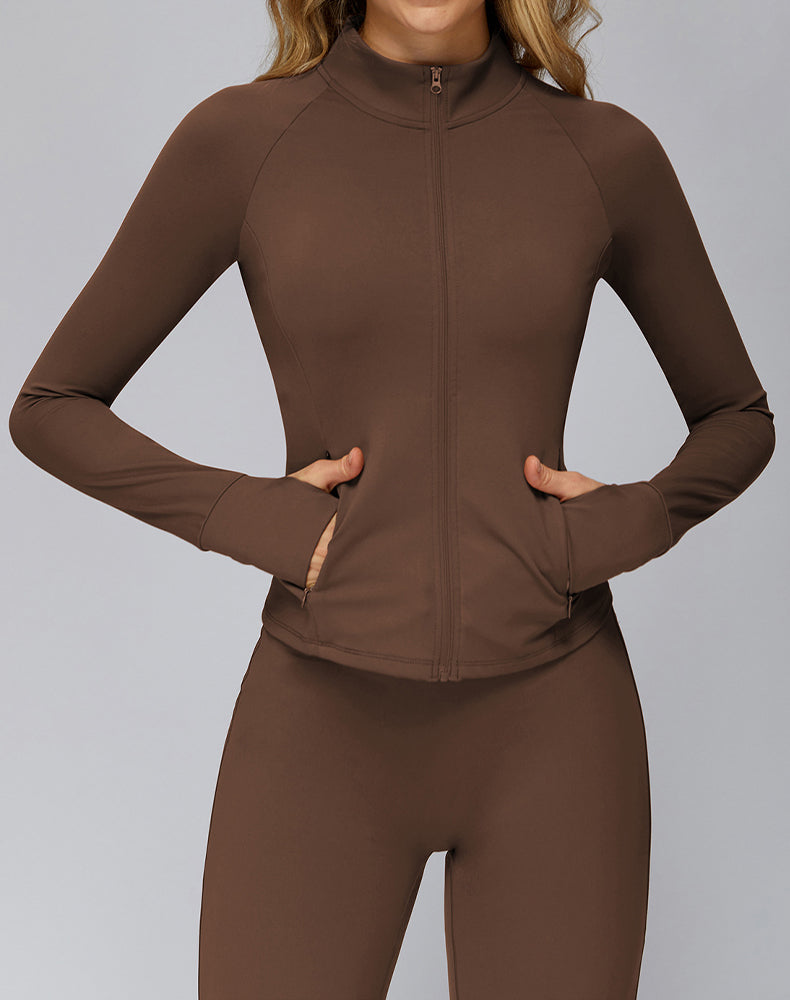 Cropped Athletic Jacket with Pockets and Thumb Holes