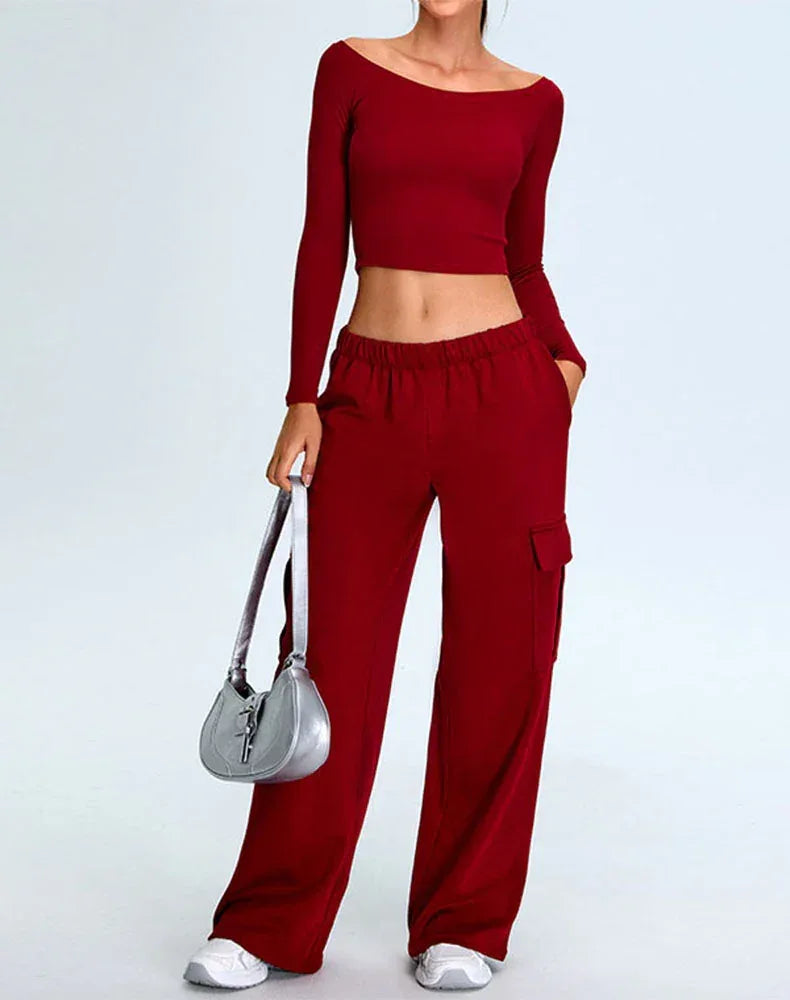 Activewear Set with Off-Shoulder Top and Sweatpant - Dark Red
