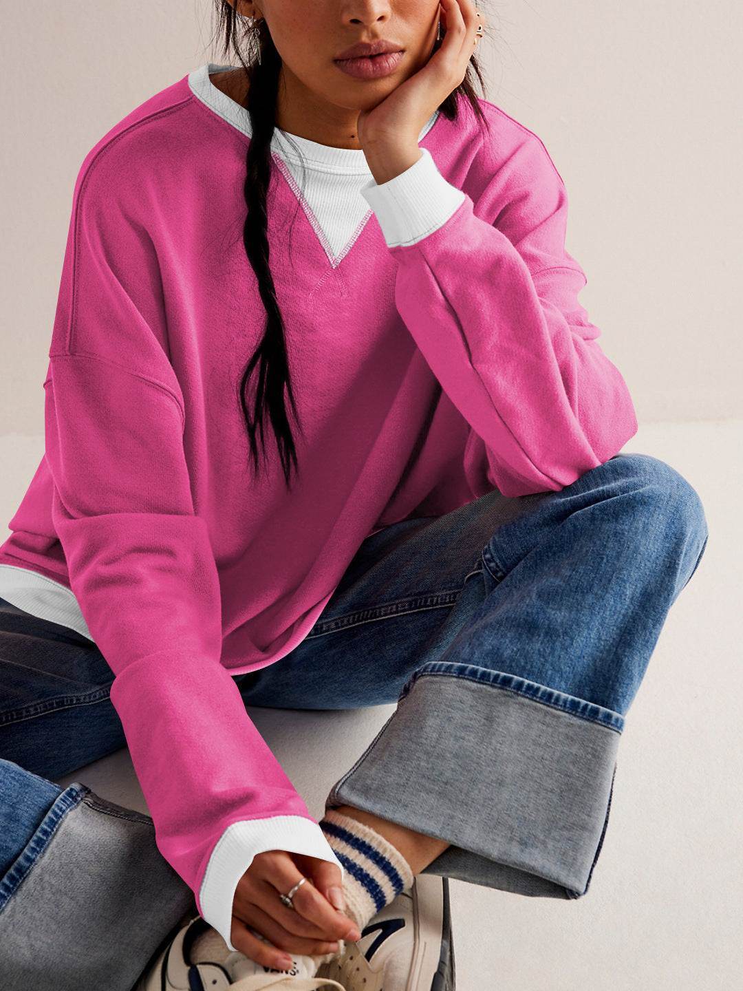 Oversized Color Block Long Sleeve Sweatshirt