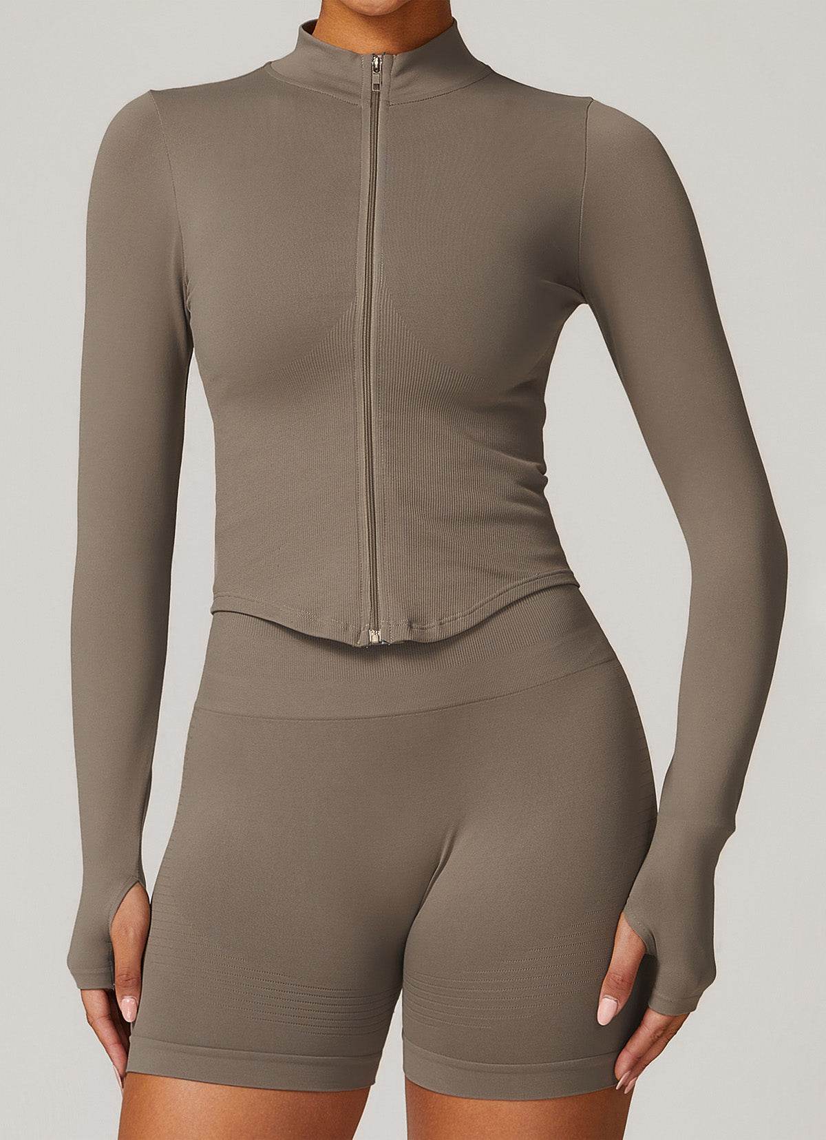 Full Zip Cropped Workout Jacket with Thumb Holes - Coffee