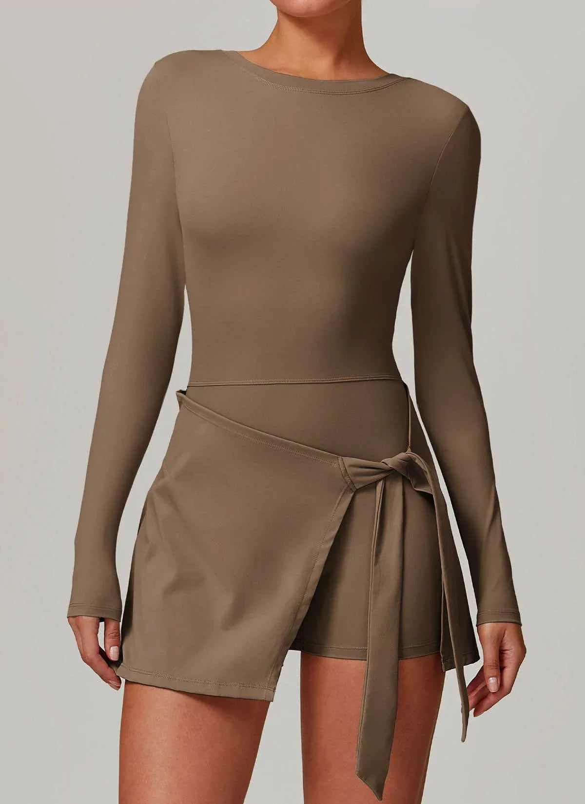 Long Sleeve Tennis Jumpsuit Dress With Shorts - Mocha Brown