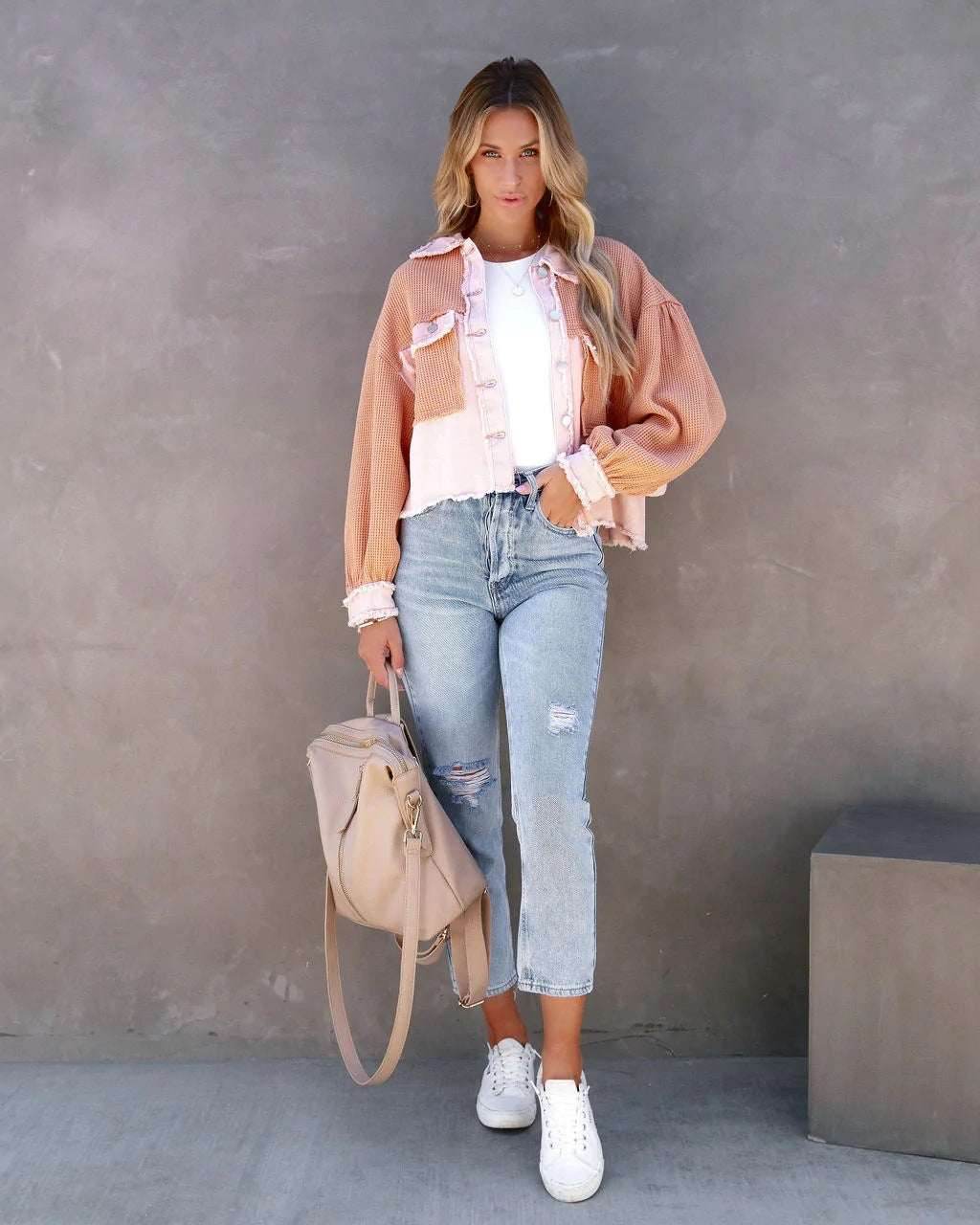 Denim Spliced Waffle Knit Cropped Jacket
