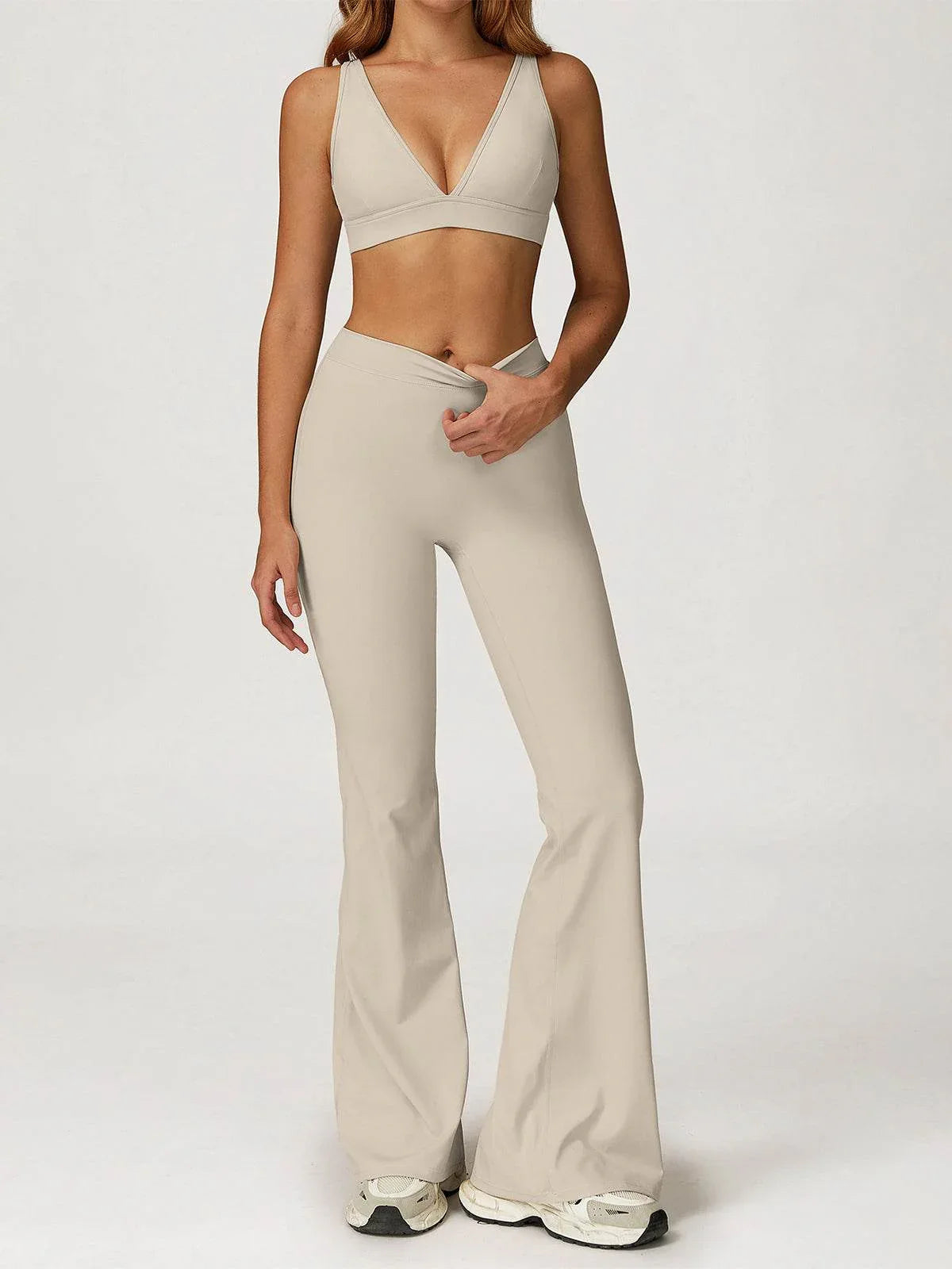 Activewear Set with Deep V-Neck Sports Bra and Flared Pant -