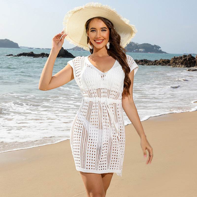 Short Sleeve Crochet Swim Drawstring Cover Ups Dress