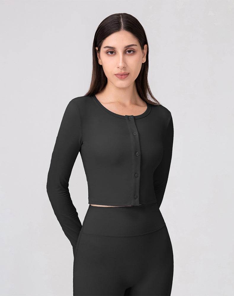 Long Sleeve Button Up Cropped Cardigan Crew Neck Tops