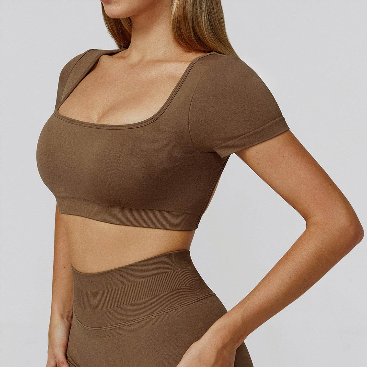 Short Sleeve Crop Top Yoga T-Shirt with Built in Bra