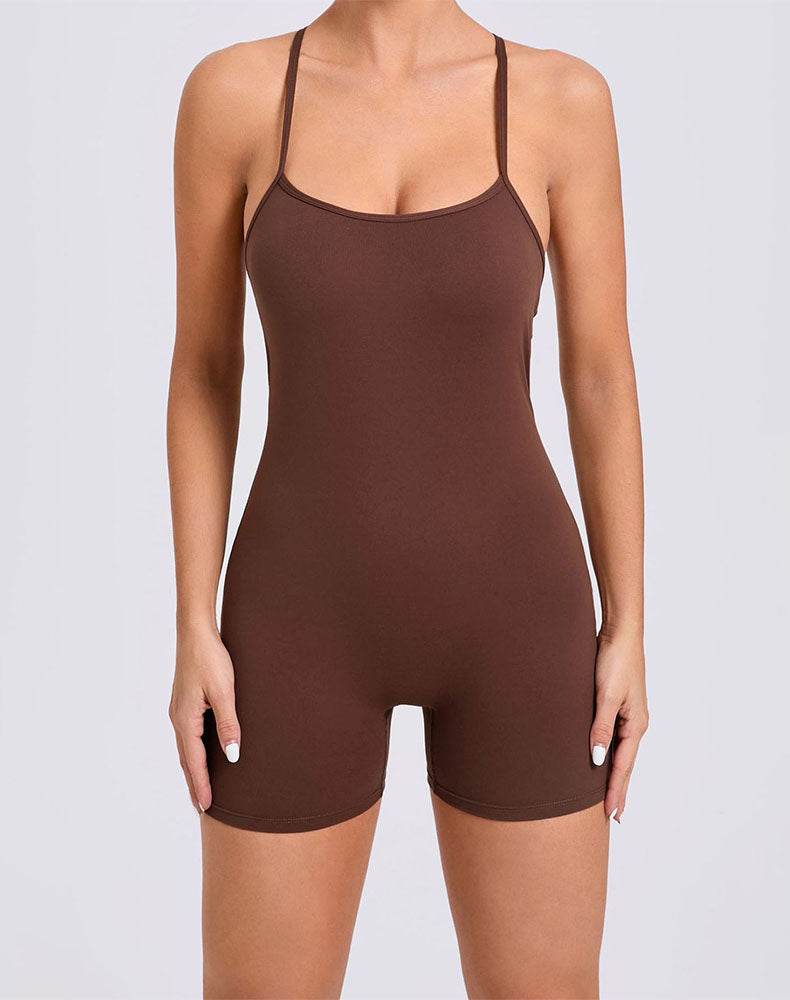 Criss Cross Short Bodysuit One Piece Yoga Jumpsuit - Coffee