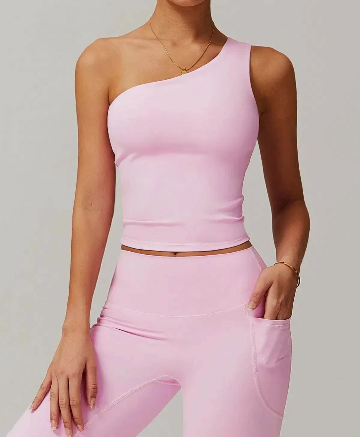 Solid One Shoulder Yoga Tank Top - Cherry Pink