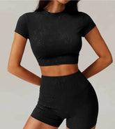 Short Sleeve Yoga Cropped T-Shirt With Gold Blocking Pattern