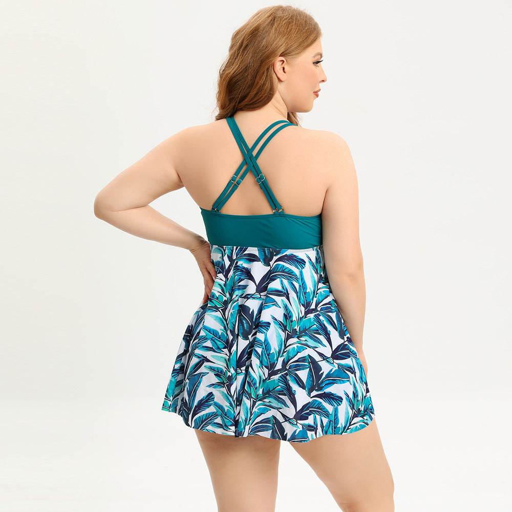Plus Size Two Piece Wide Strap Tankini Dress with Short