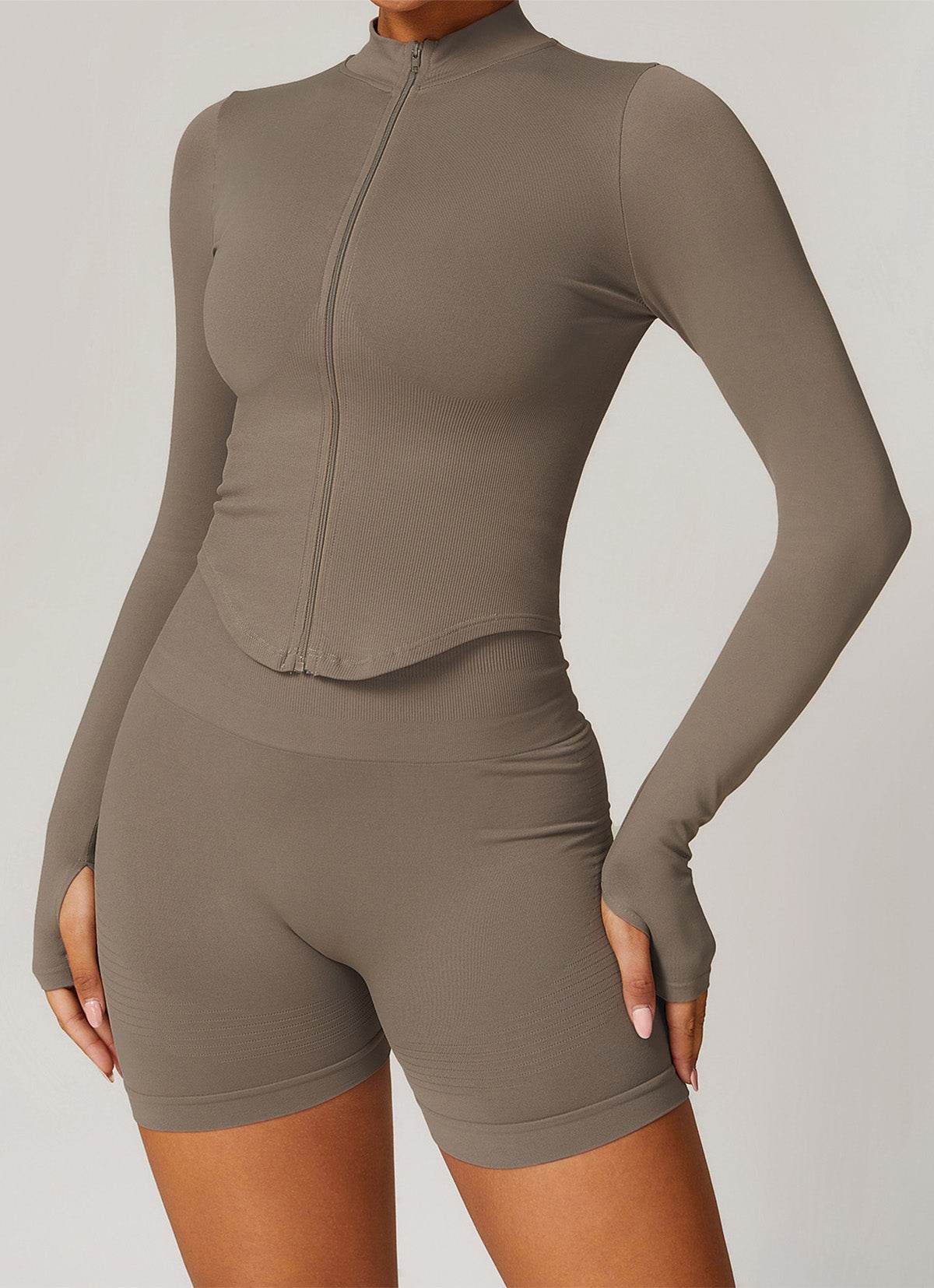Full Zip Cropped Workout Jacket with Thumb Holes -