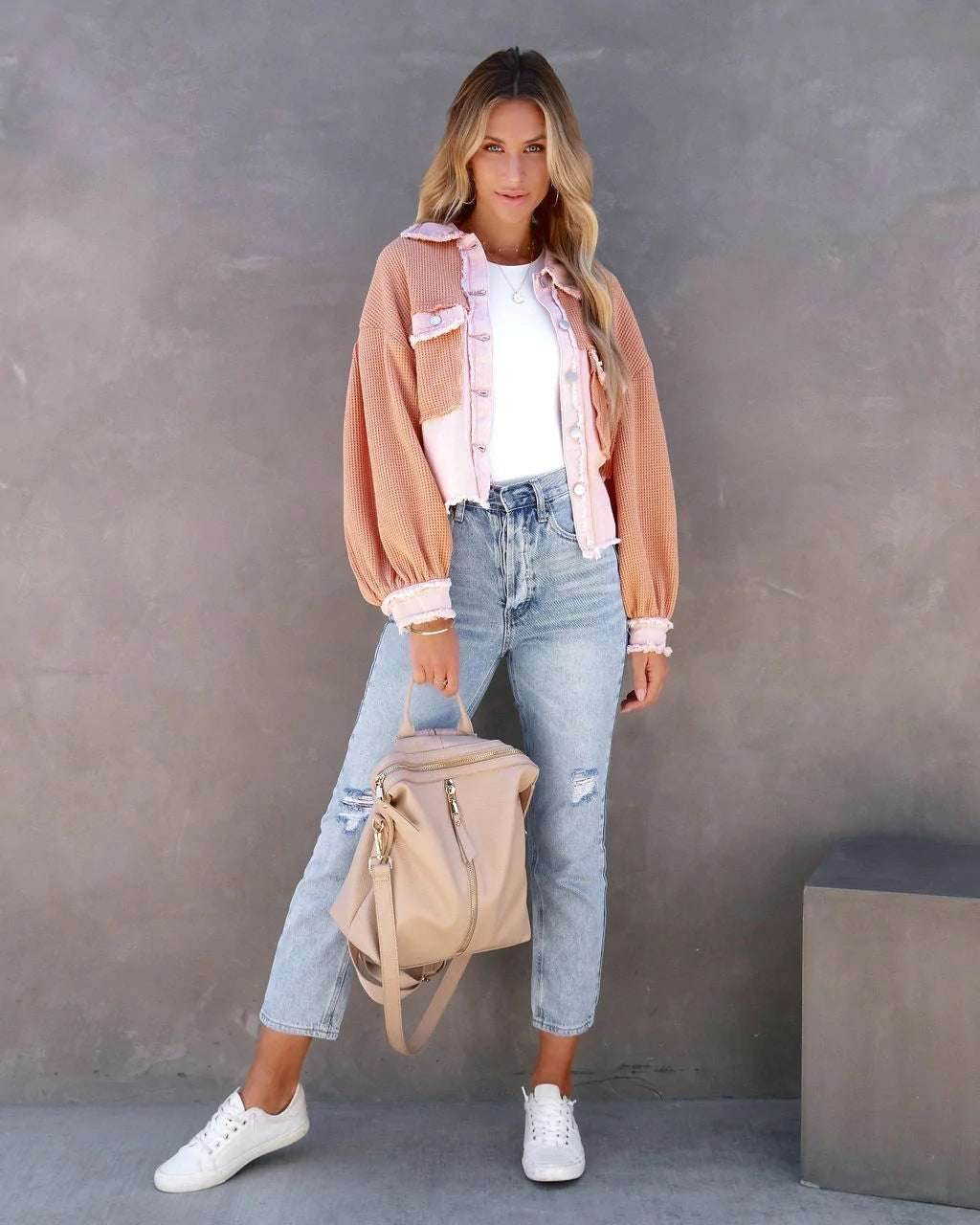 Denim Spliced Waffle Knit Cropped Jacket
