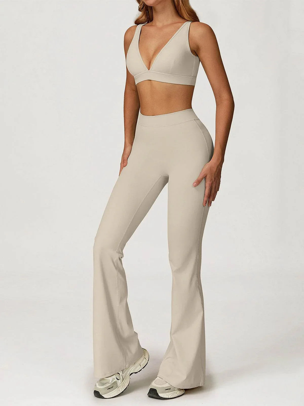 Activewear Set with Deep V-Neck Sports Bra and Flared Pant -