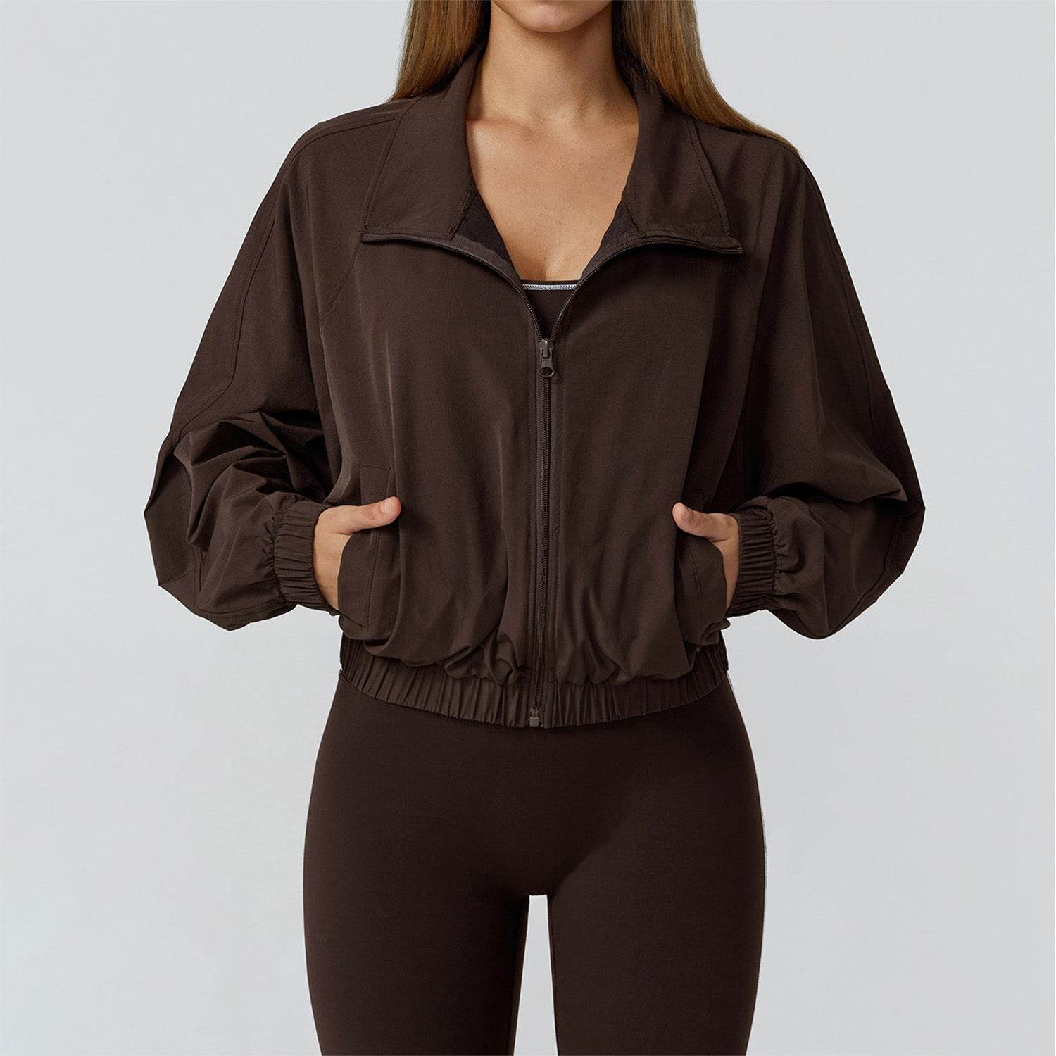 Full Zip Athletic Jacket Cropped Coats with Pockets