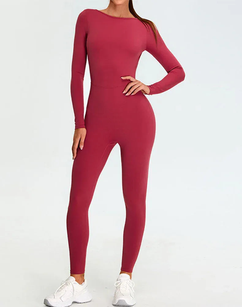 Long Sleeve Backless Workout Jumpsuit One Piece Bodysuit -