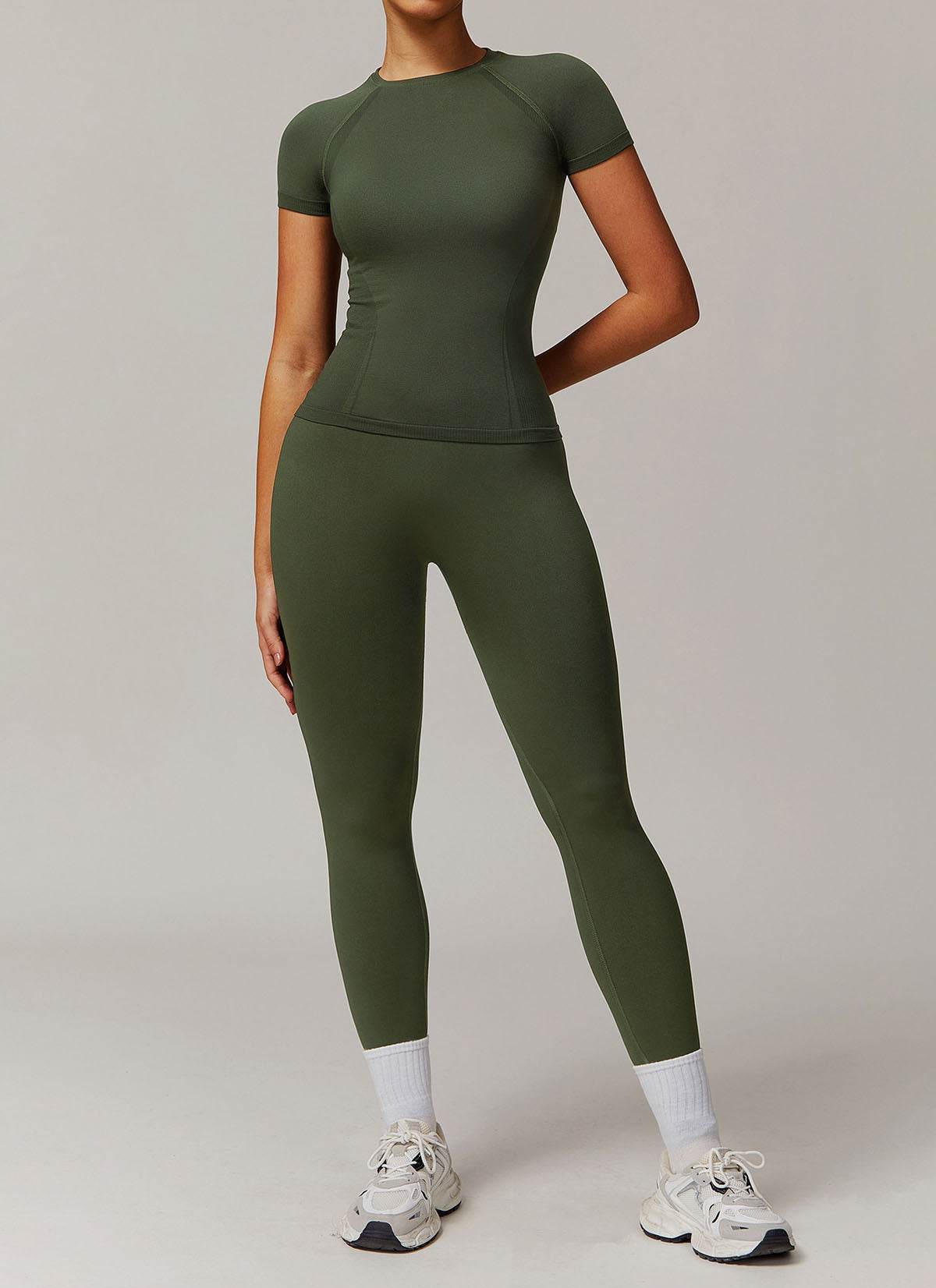 Yoga Wear Set with Short Sleeve T-Shirt and Legging - Dark Military Green
