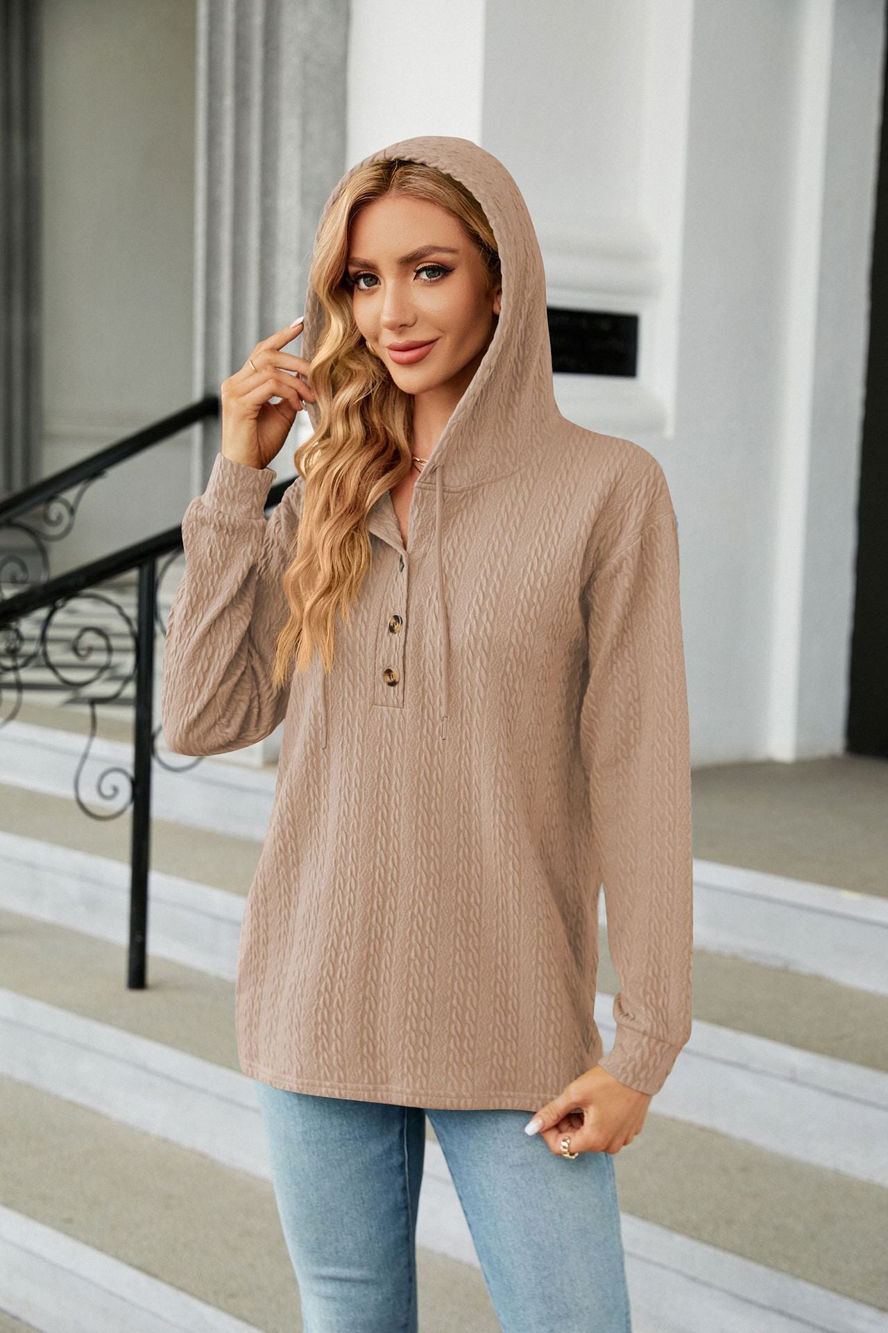 Button Hooded Sweatshirt Loose Long Sleeve Casual Tops