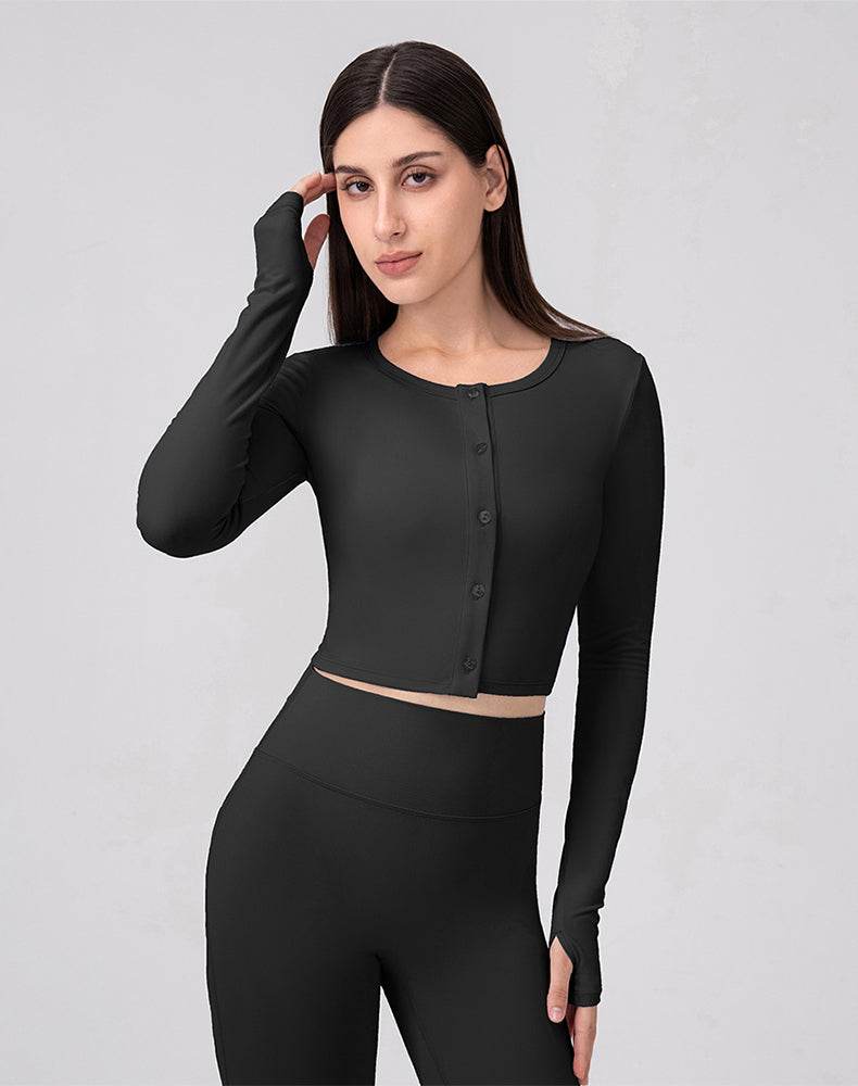 Long Sleeve Button Up Cropped Cardigan Crew Neck Tops