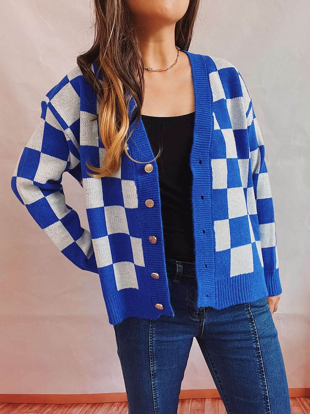 Plaid Color Block Cardigan Sweater